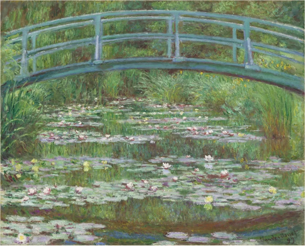 Water lilies and a curved green bridge in Claude Monet's The Japanese Footbridge