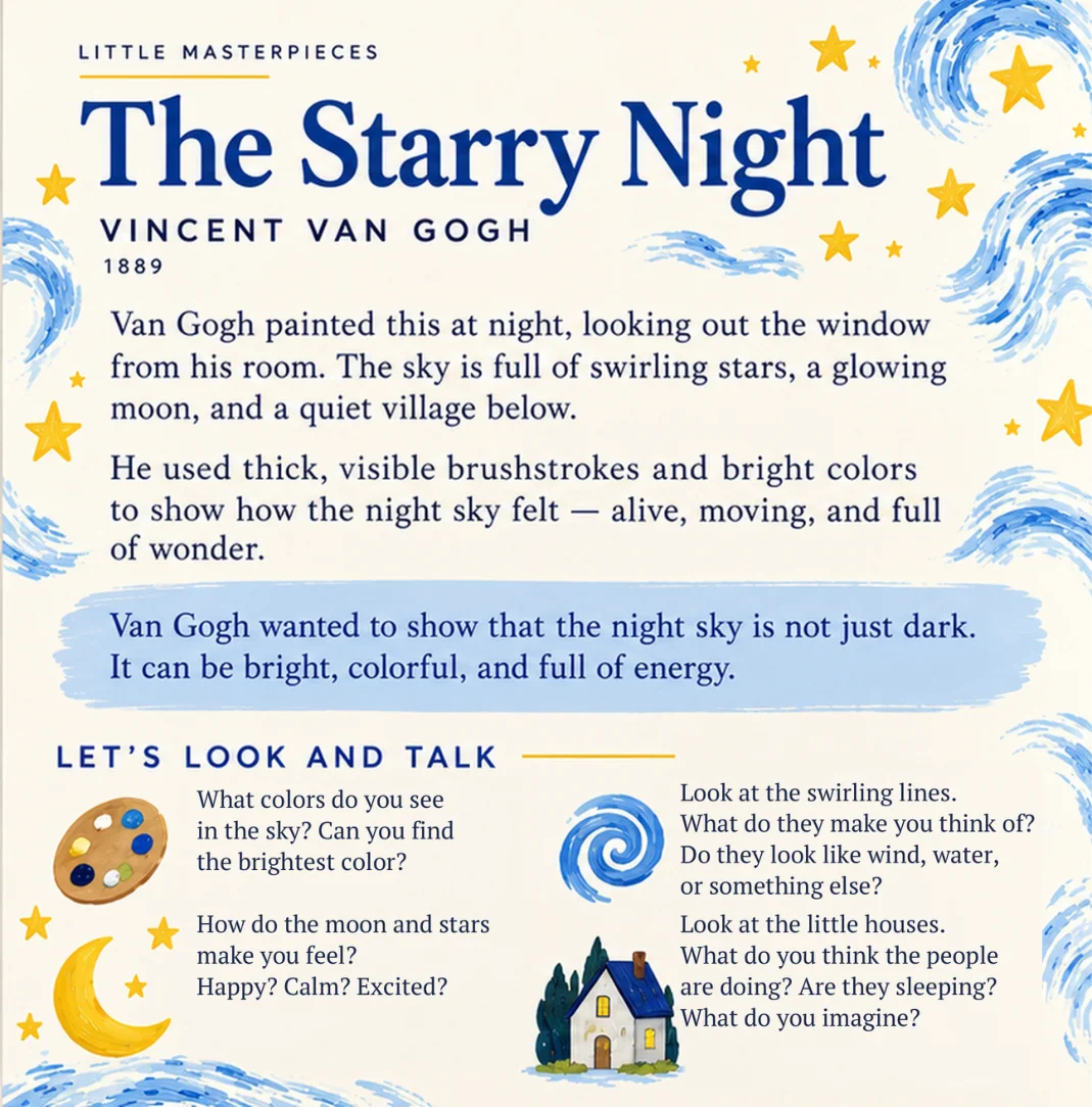 Left page: Little Masterpieces conversation and observation prompts for The Starry Night